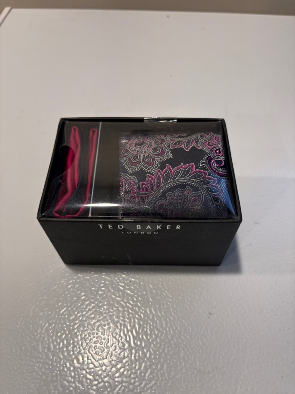 NWT Ted Baker Black and Pink Paisley Pocket Square & Tie Set